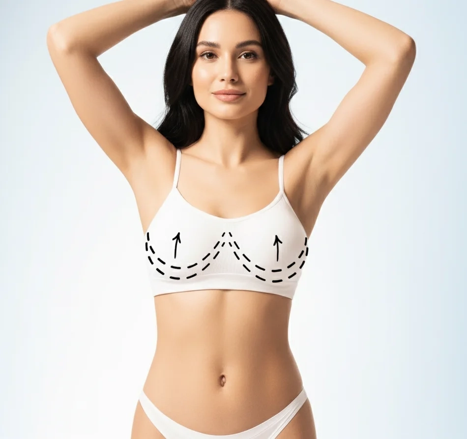 Breast reduction surgery. Perfect body of young and beautiful woman in swimsuit. Collage with arrows. at breast area.