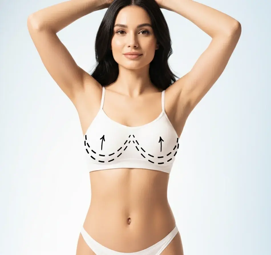 Breast reduction surgery. Perfect body of young and beautiful woman in swimsuit. Collage with arrows. at breast area.