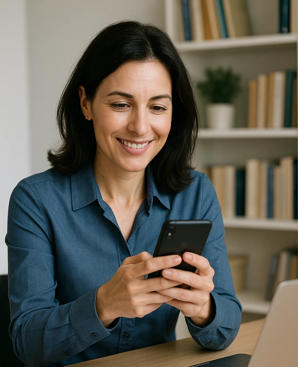 dunkelhaarige Frau mittleren Alters sitzt am Schreibtisch und bedient ihr Mobilphone